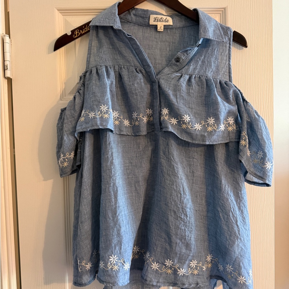 Listicle Blue Cold-Shoulder Ruffle Blouse with White Embroidery
